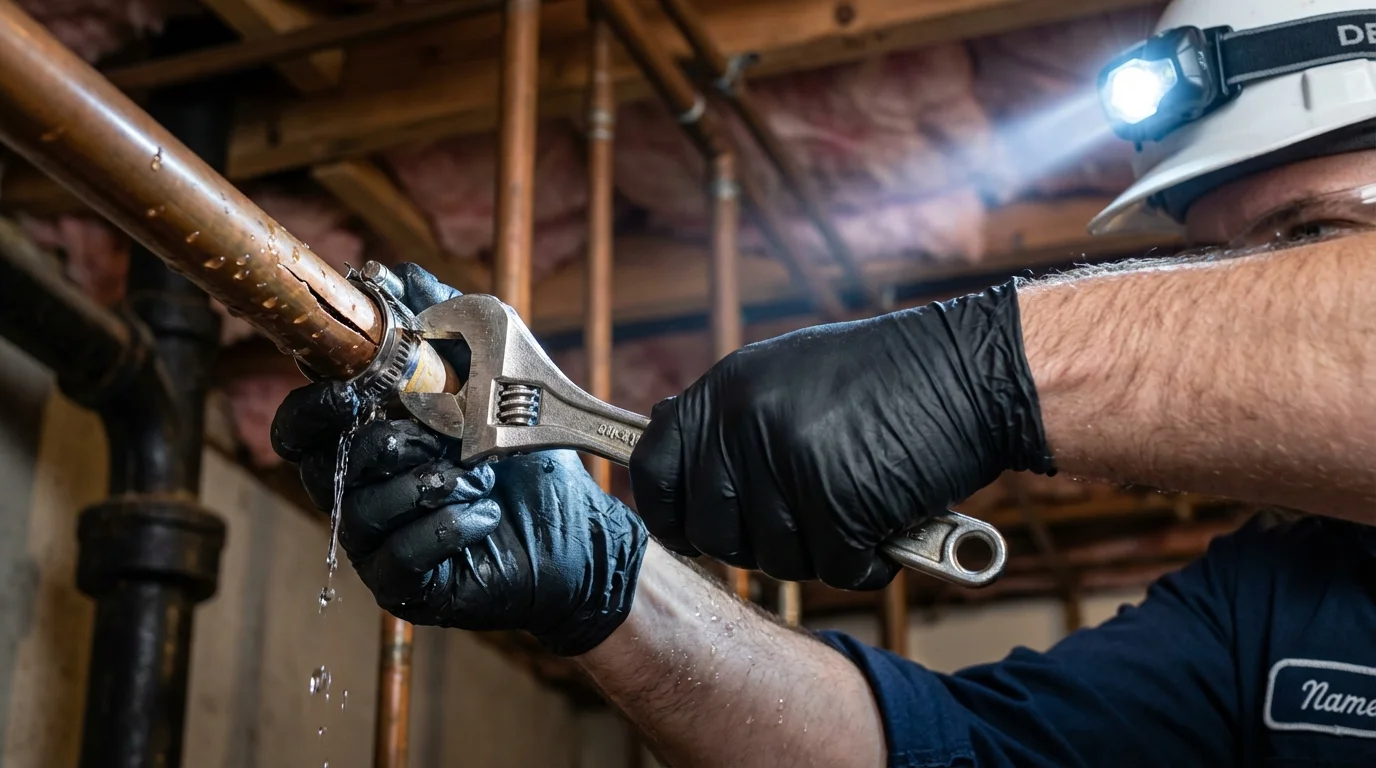 Emergency pipe clamp repair being performed by a Johns Plumbing LLC plumber in Grayville