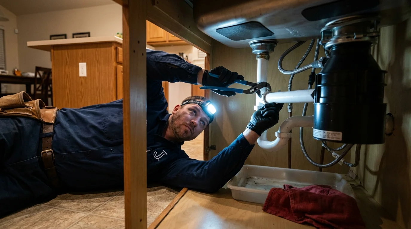 P-trap and supply line connections under a kitchen sink showing a common leak point in Grayville, IL